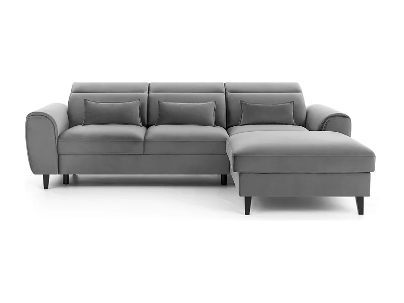 Canapé d'angle convertible velours appuis-tête réglables ASTORIA - Coffre et pieds bois noir-Gris clair-angle droit