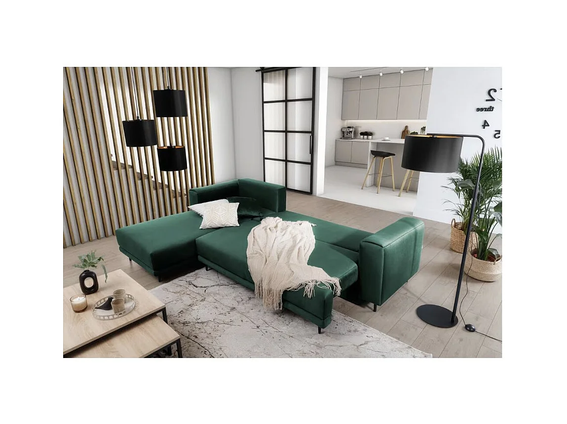 Canapé d'angle convertible velours DAVINA - Coffre et pieds métal noir-Vert foncé-angle gauche