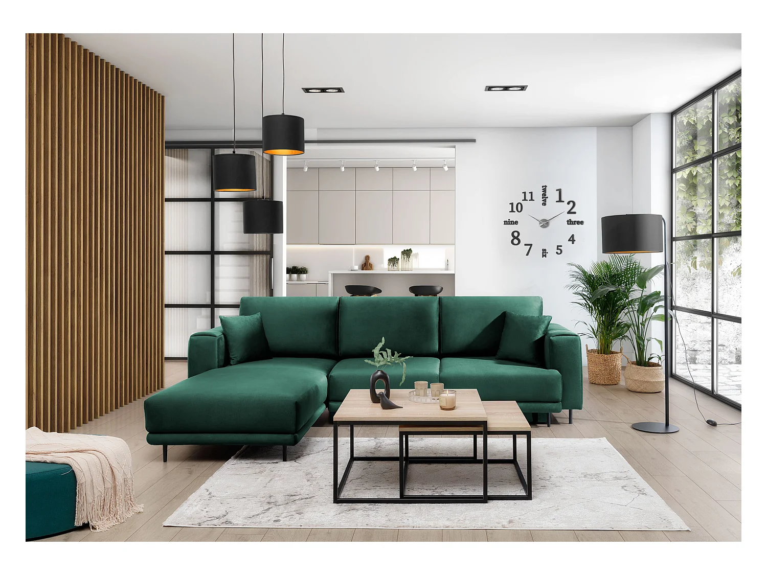 Canapé d'angle convertible velours DAVINA - Coffre et pieds métal noir-Vert foncé-angle gauche