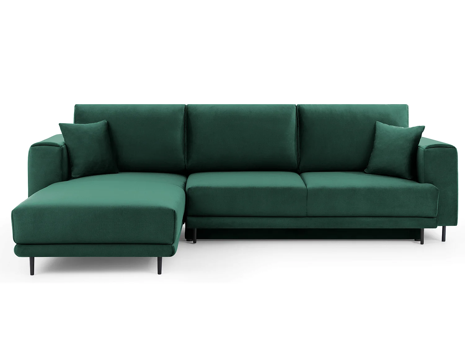 DAVINA omvormbare fluwelen hoekbank - Zwarte metalen opbergruimte en poten-Kleur Donkergroen-linkerhoek