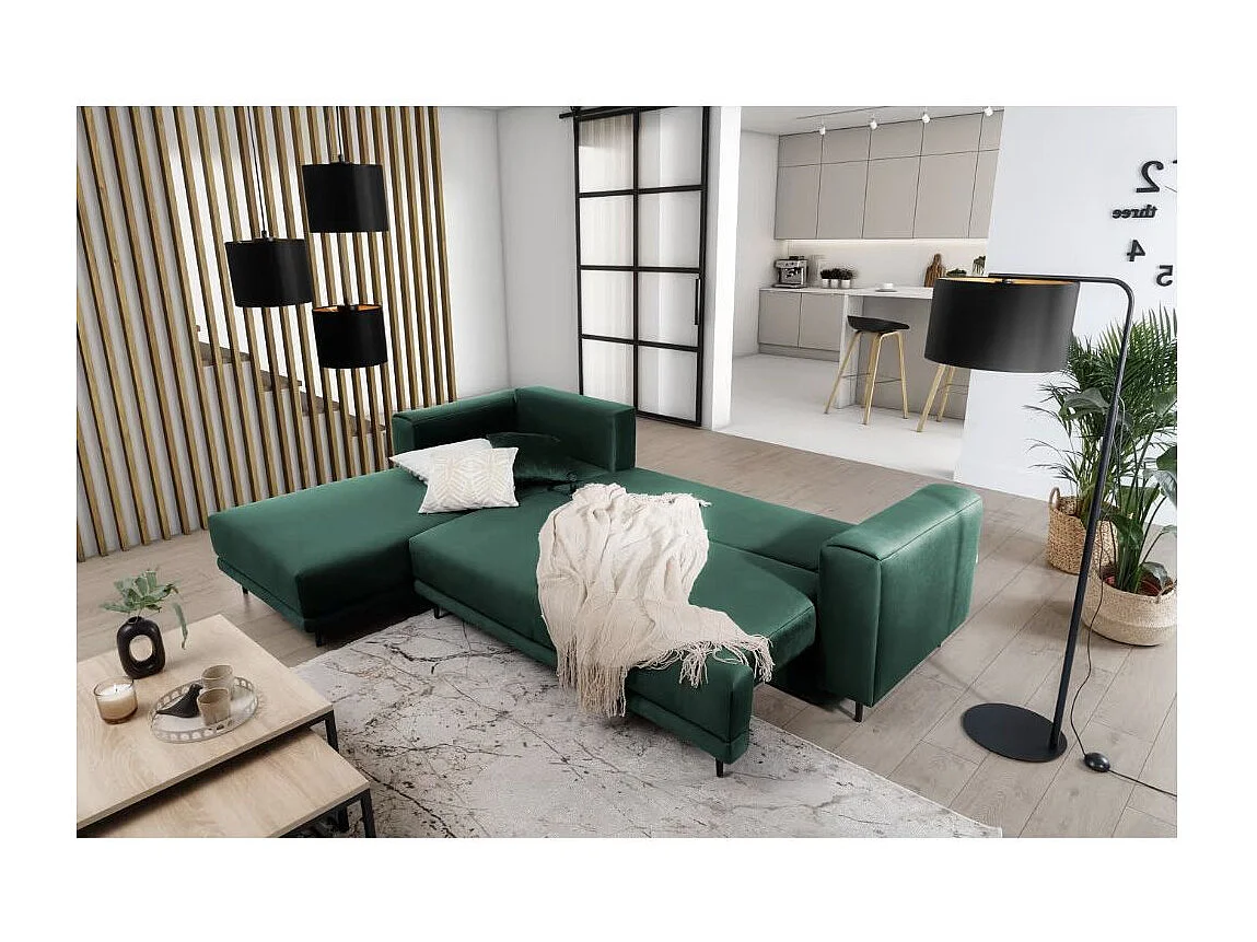 DAVINA omvormbare fluwelen hoekbank - Zwarte metalen opbergruimte en poten-Kleur Donkergroen-linkerhoek