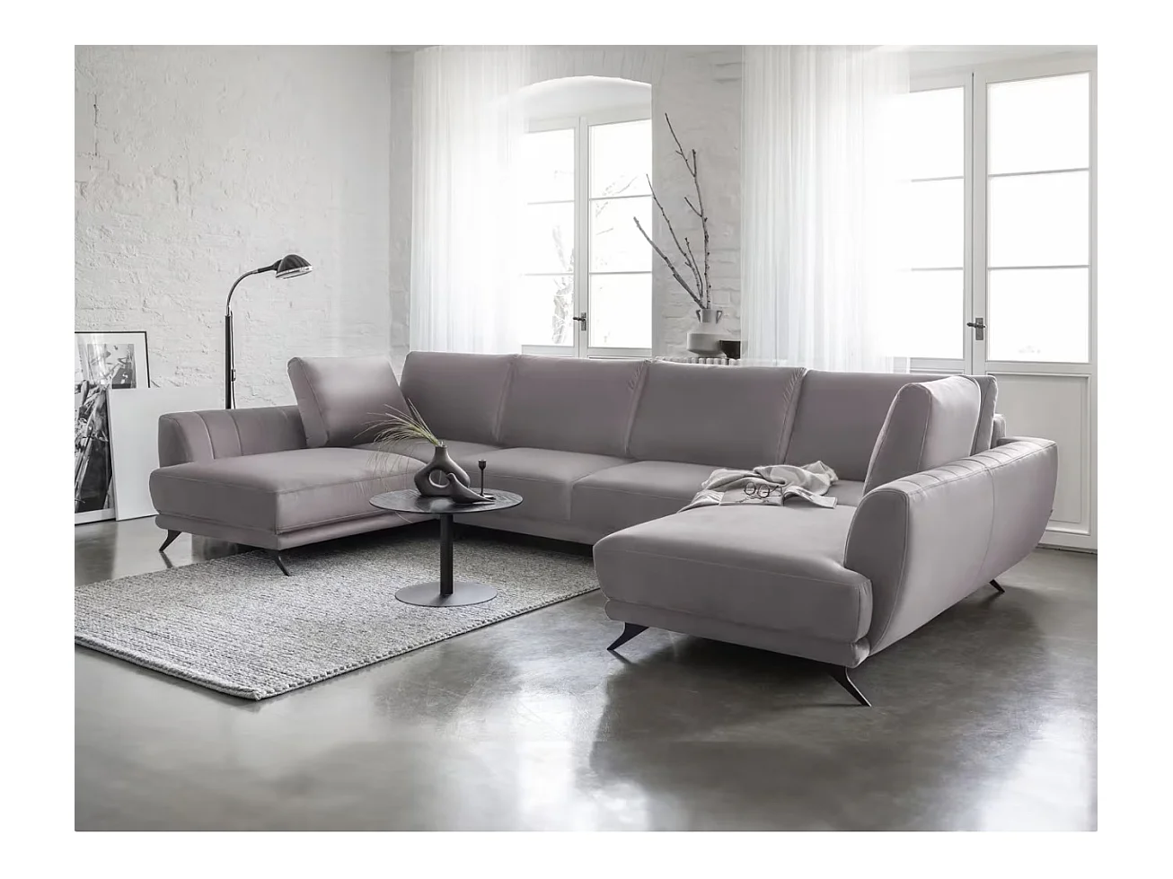 Canapé panoramique convertible LARGOS - Velours irrésistiblement douillet-Rose poudré