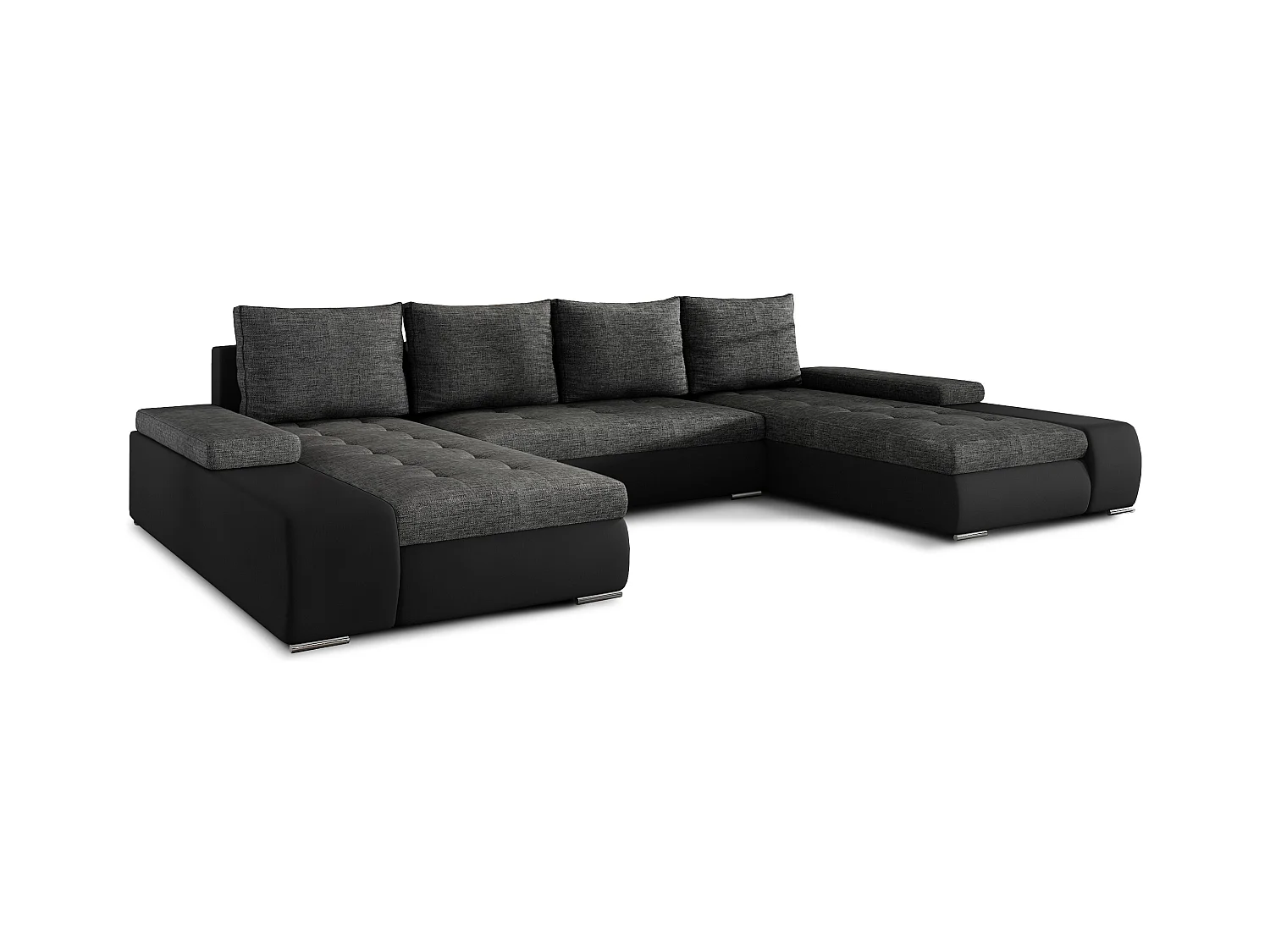 Canapé panoramique convertible TINO bi-matière avec rangement-Noir/Gris foncé