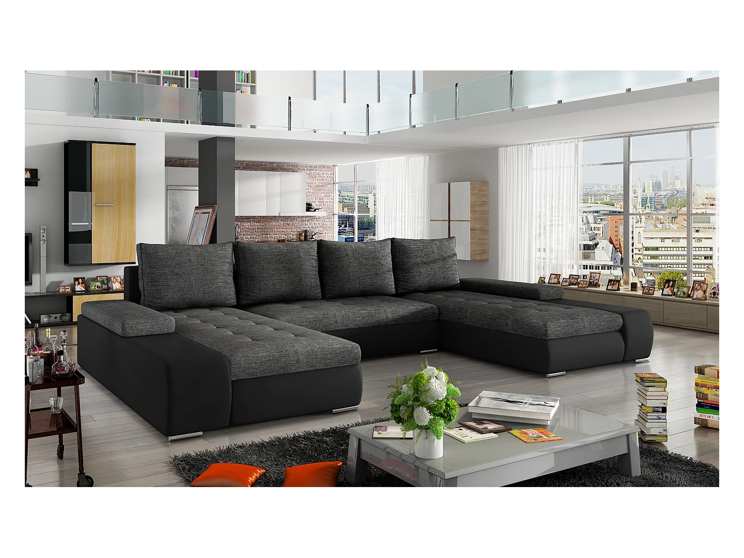 Canapé panoramique convertible TINO bi-matière avec rangement-Noir/Gris foncé