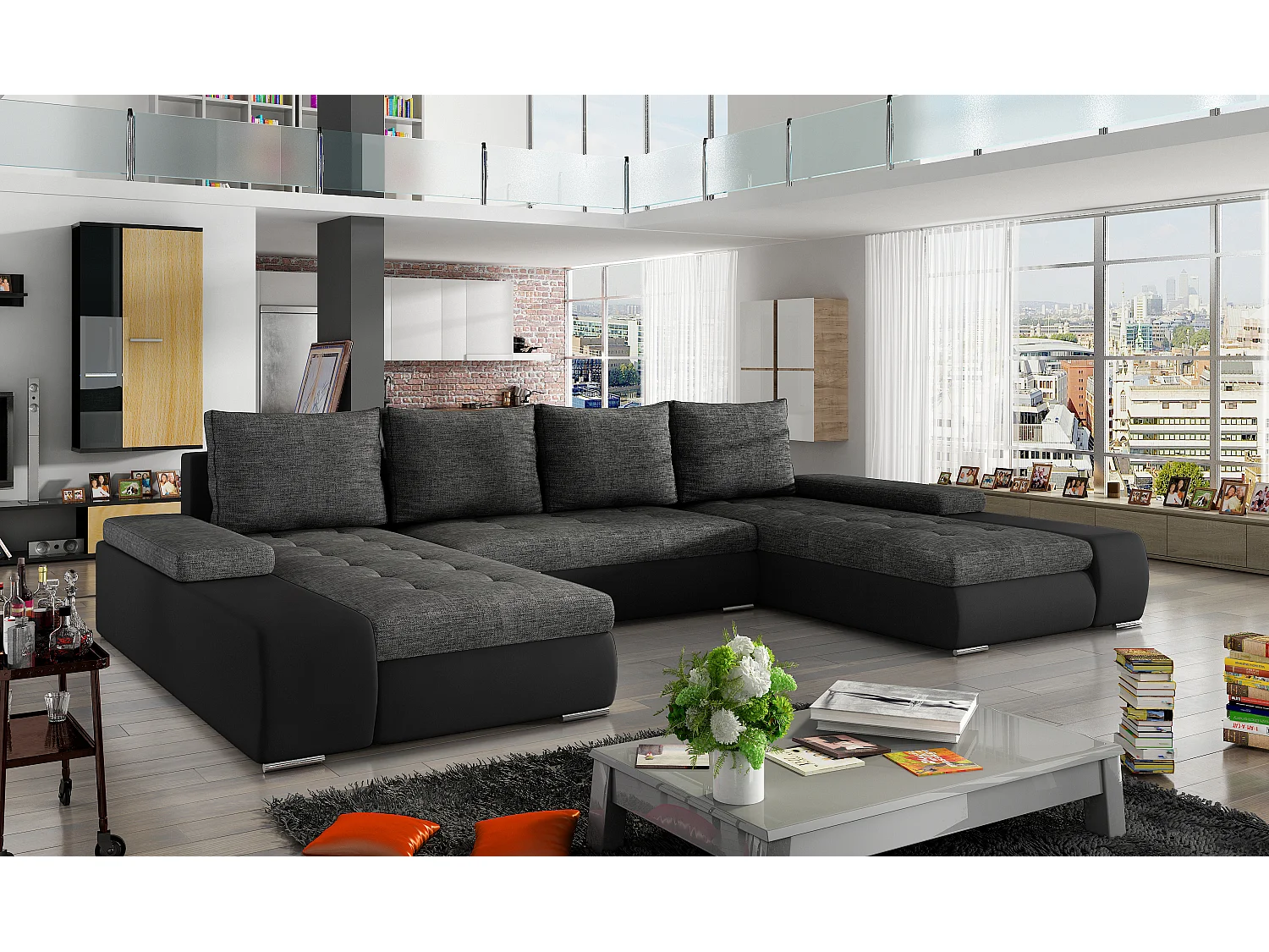 Canapé panoramique convertible TINO bi-matière avec rangement-Noir/Gris foncé