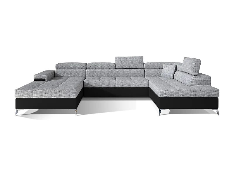 Canapé panoramique convertible KUTTY - Rangement et appuie-têtes réglables-Noir/Gris clair chiné-Coffre à droite