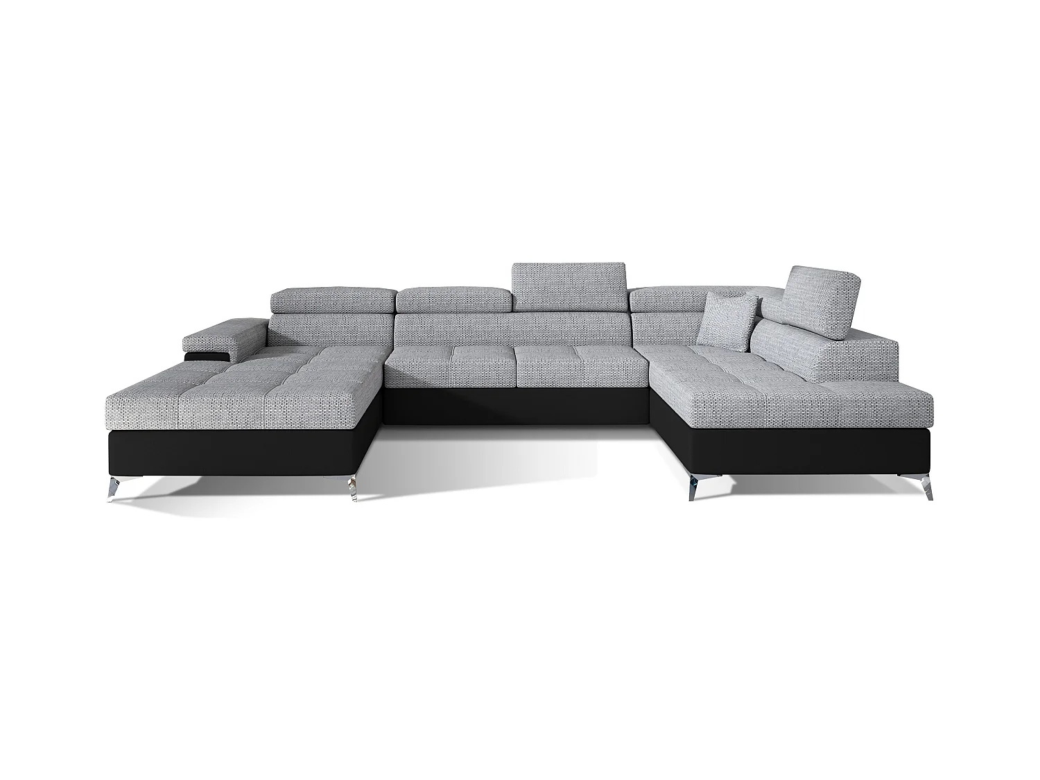 Canapé panoramique convertible KUTTY - Rangement et appuie-têtes réglables-Noir/Gris clair chiné-Coffre à droite