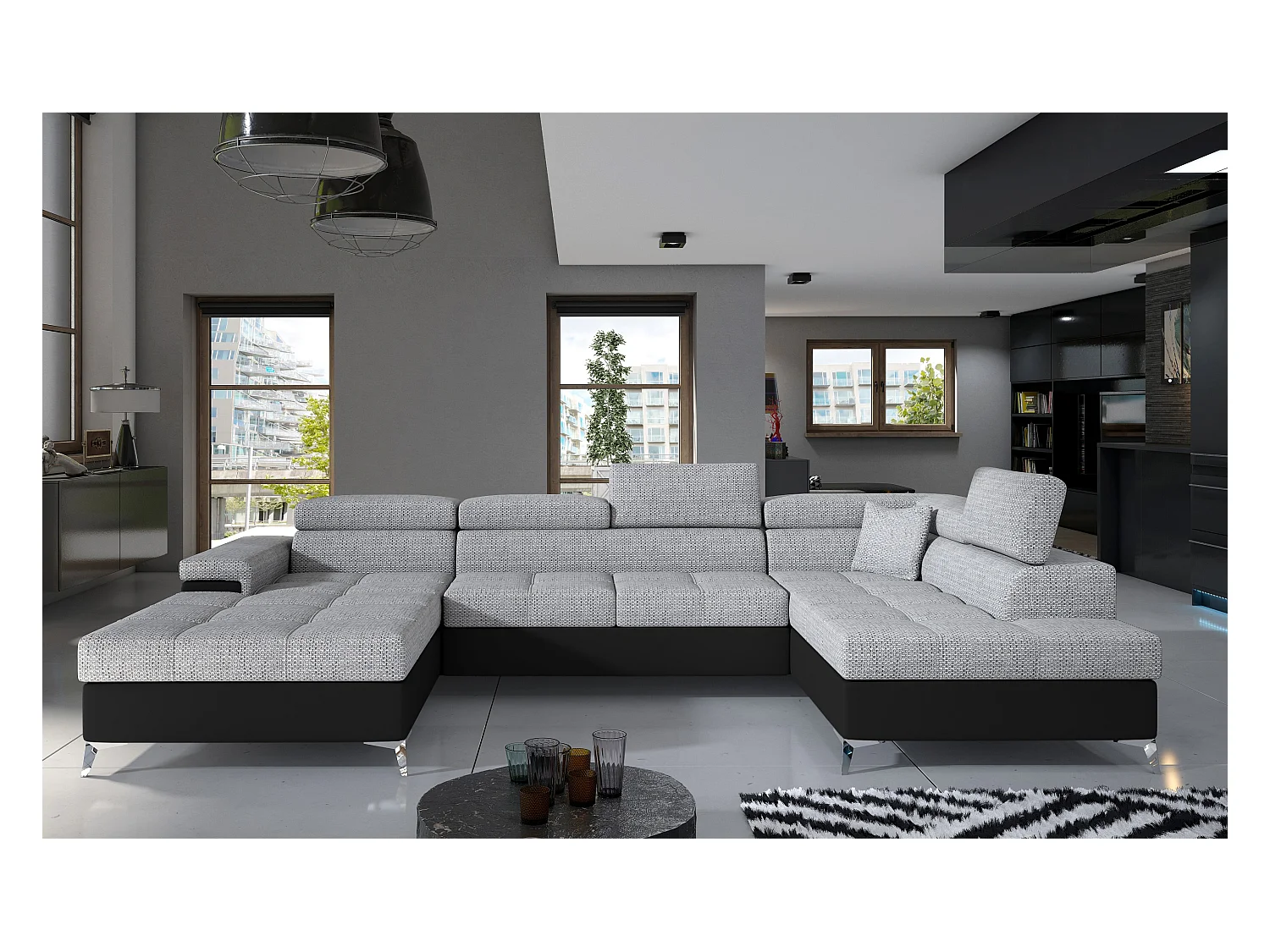 Canapé panoramique convertible KUTTY - Rangement et appuie-têtes réglables-Noir/Gris clair chiné-Coffre à droite