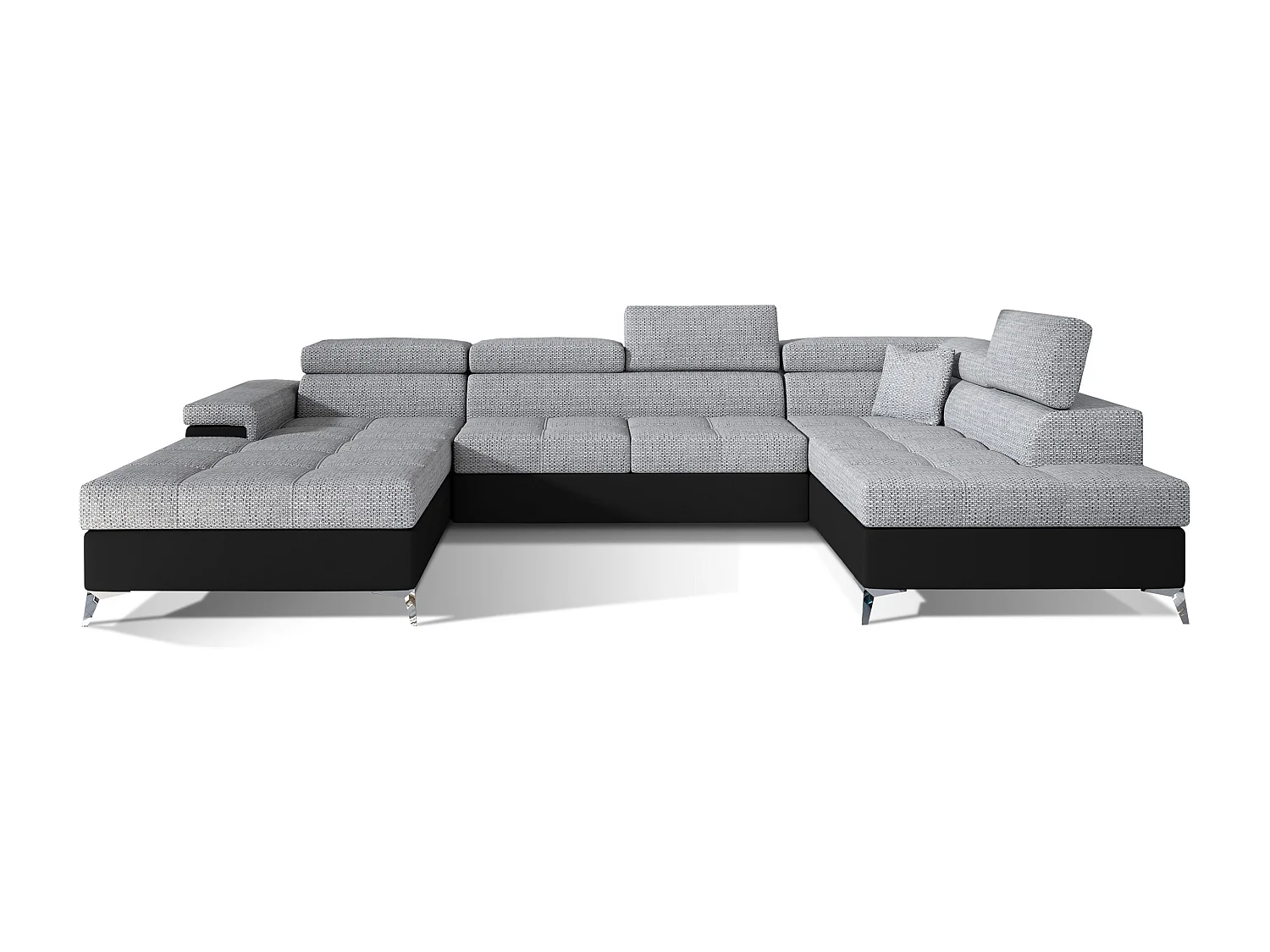 Canapé panoramique convertible KUTTY - Rangement et appuie-têtes réglables-Noir/Gris clair chiné-Coffre à droite