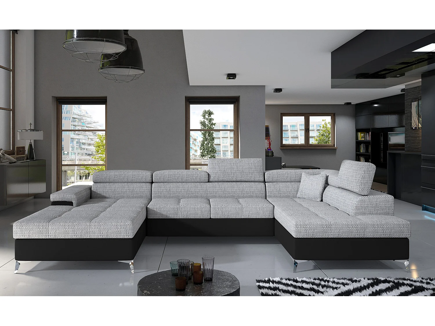 Canapé panoramique convertible KUTTY - Rangement et appuie-têtes réglables-Noir/Gris clair chiné-Coffre à droite