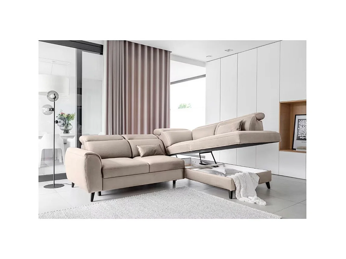 Canapé d'angle convertible avec rangement velours NOBLESSE - Pieds bois noir-Taupe-angle droit