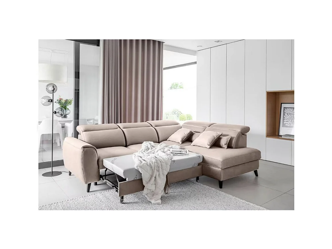 Canapé d'angle convertible avec rangement velours NOBLESSE - Pieds bois noir-Taupe-angle droit