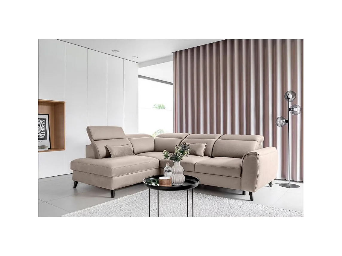 Canapé d'angle convertible avec rangement velours NOBLESSE - Pieds bois noir-Taupe-angle droit