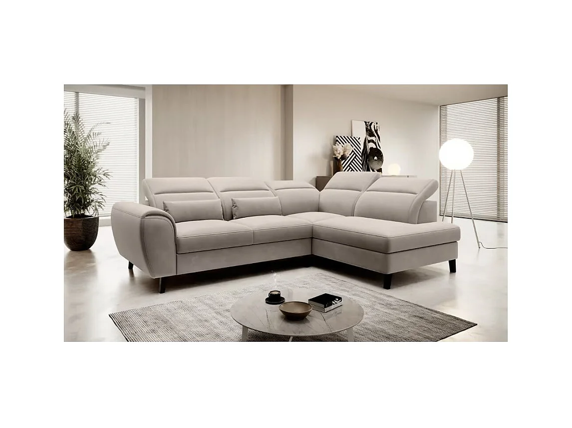 Canapé d'angle convertible avec rangement velours NOBLESSE - Pieds bois noir-Taupe-angle droit