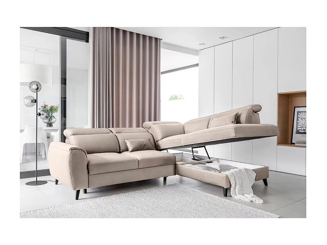 Canapé d'angle convertible avec rangement velours NOBLESSE - Pieds bois noir-Taupe-angle droit