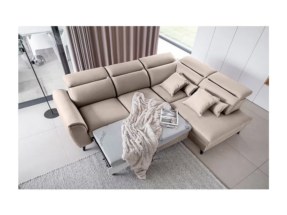 Canapé d'angle convertible avec rangement velours NOBLESSE - Pieds bois noir-Taupe-angle droit