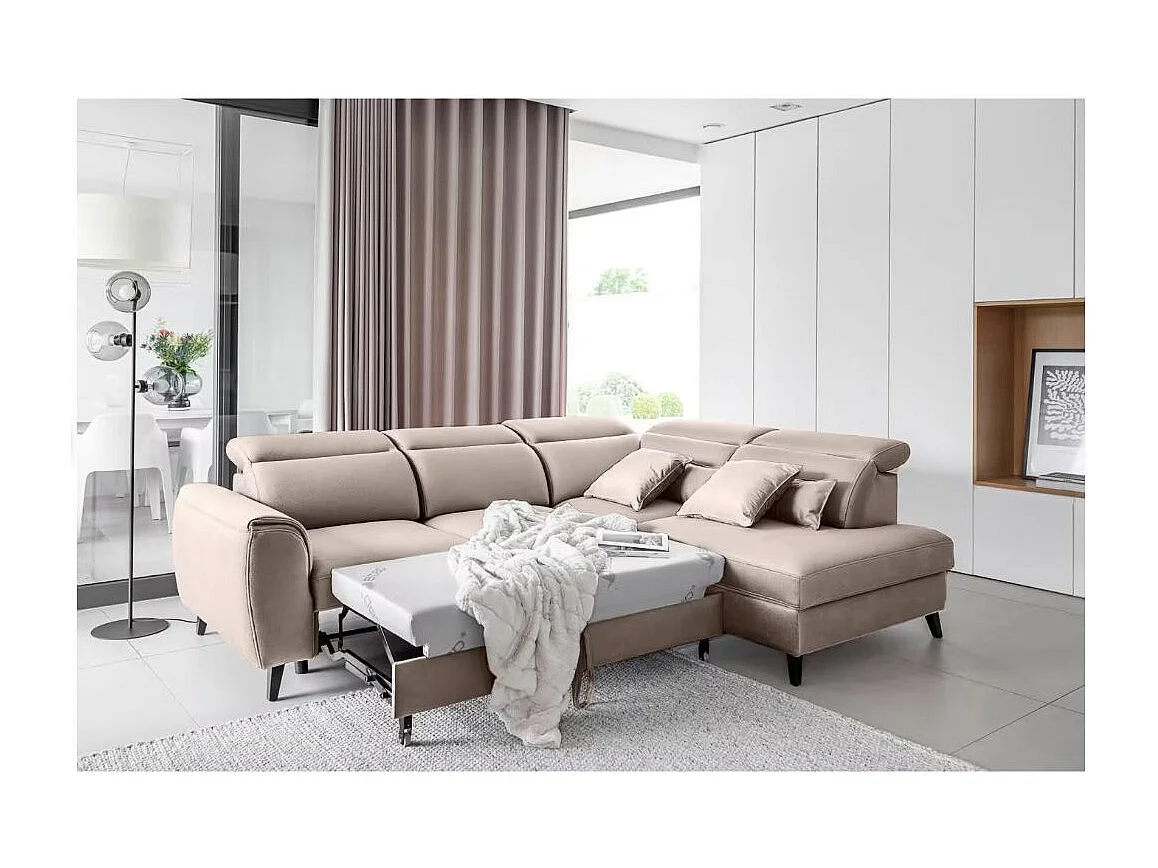 Canapé d'angle convertible avec rangement velours NOBLESSE - Pieds bois noir-Taupe-angle droit