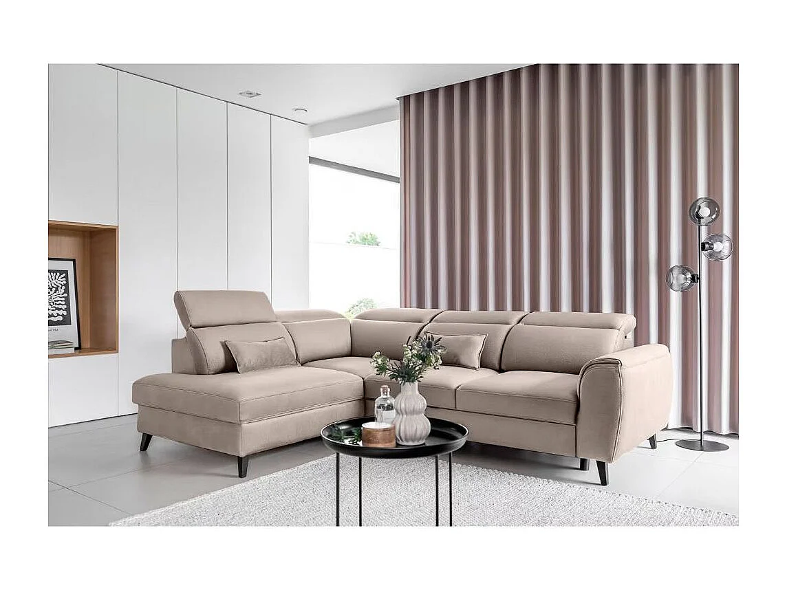 Canapé d'angle convertible avec rangement velours NOBLESSE - Pieds bois noir-Taupe-angle droit