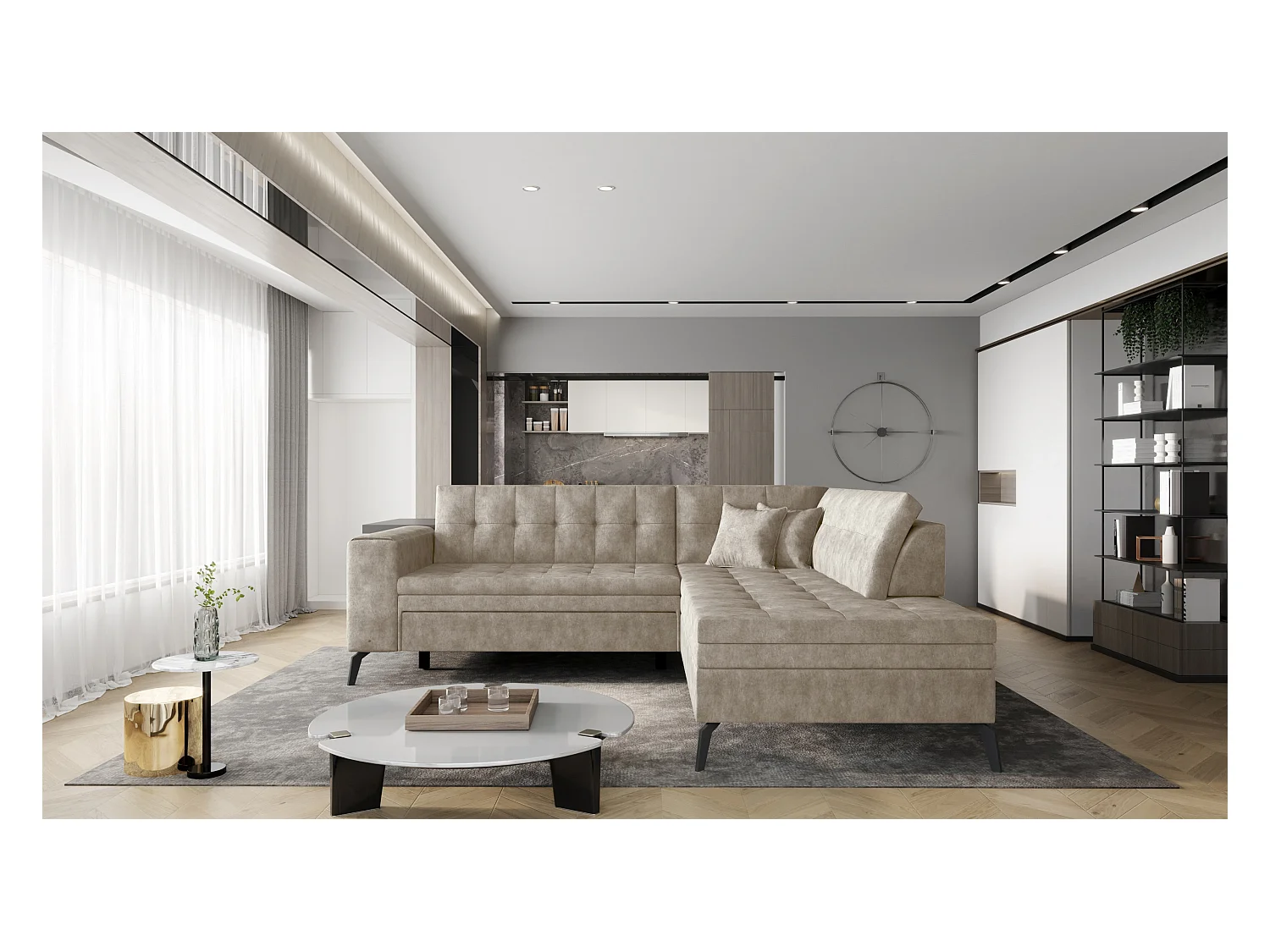 LARRY stoffen omvormbare hoekbank - Zwarte stalen poten-Kleur -juiste hoek