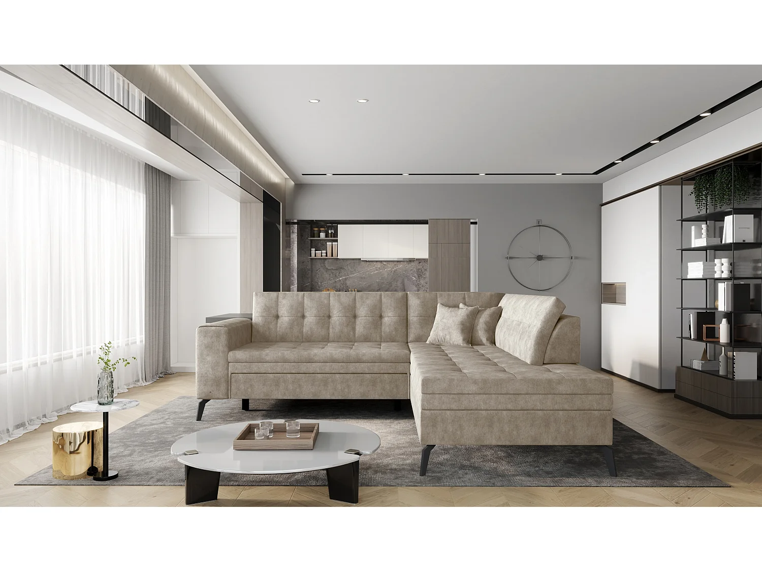 Canapé d'angle convertible tissu LARRY - Pieds acier noir-Beige vintage-angle droit