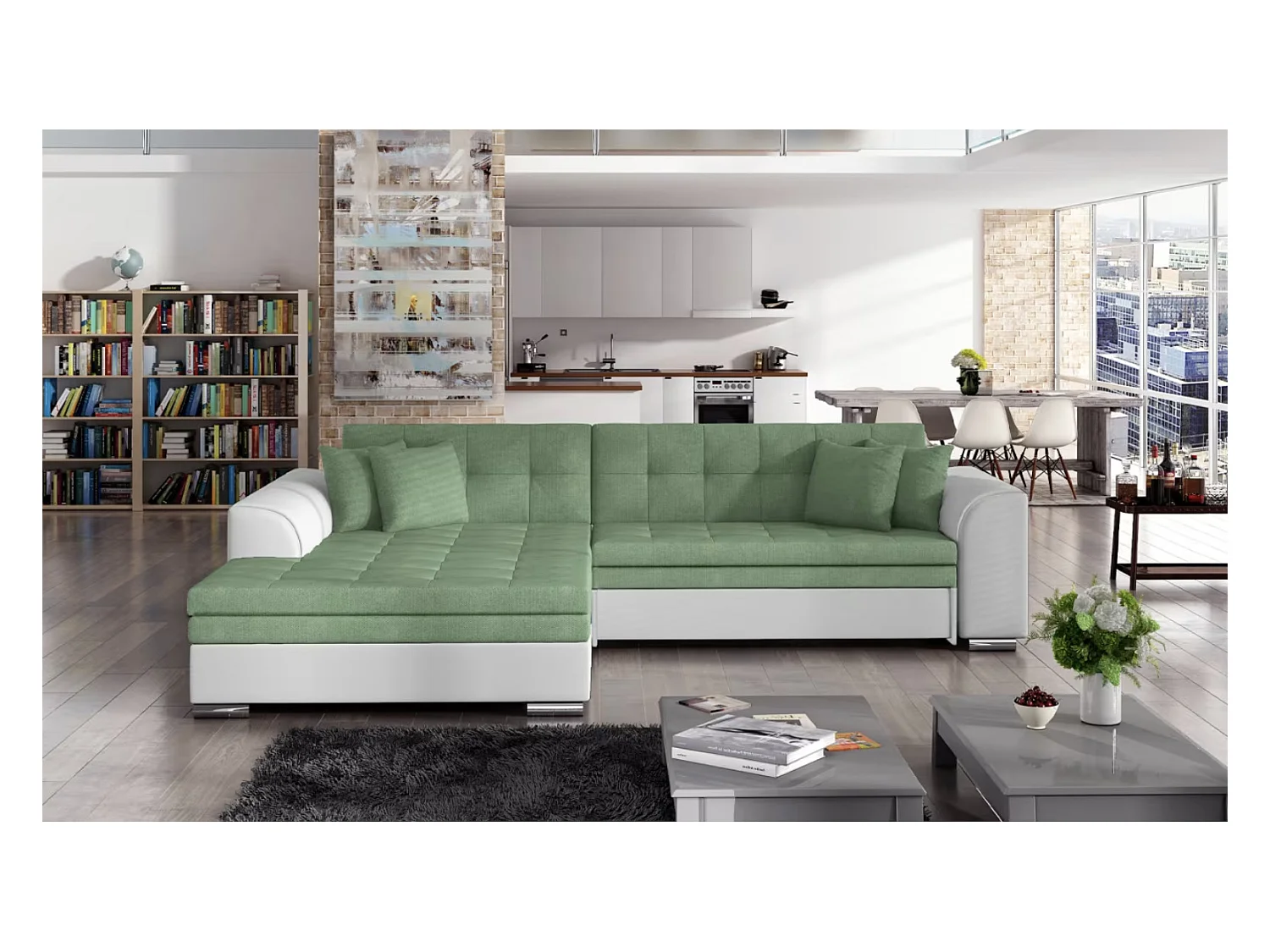 Canapé d'angle convertible tissu et simili LOOKA - Pieds métal chromé-Blanc/Vert clair-angle gauche