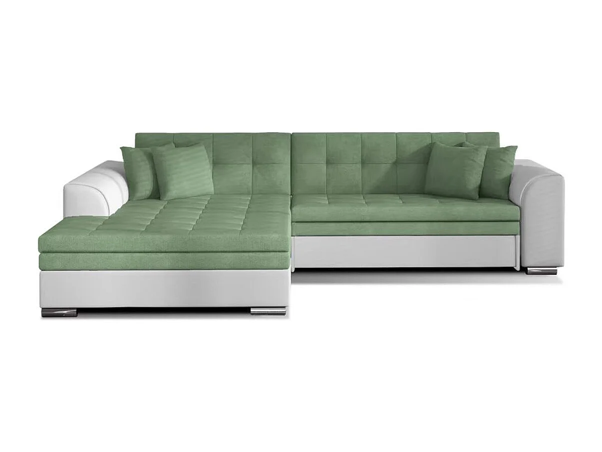 Canapé d'angle convertible tissu et simili LOOKA - Pieds métal chromé-Blanc/Vert clair-angle gauche