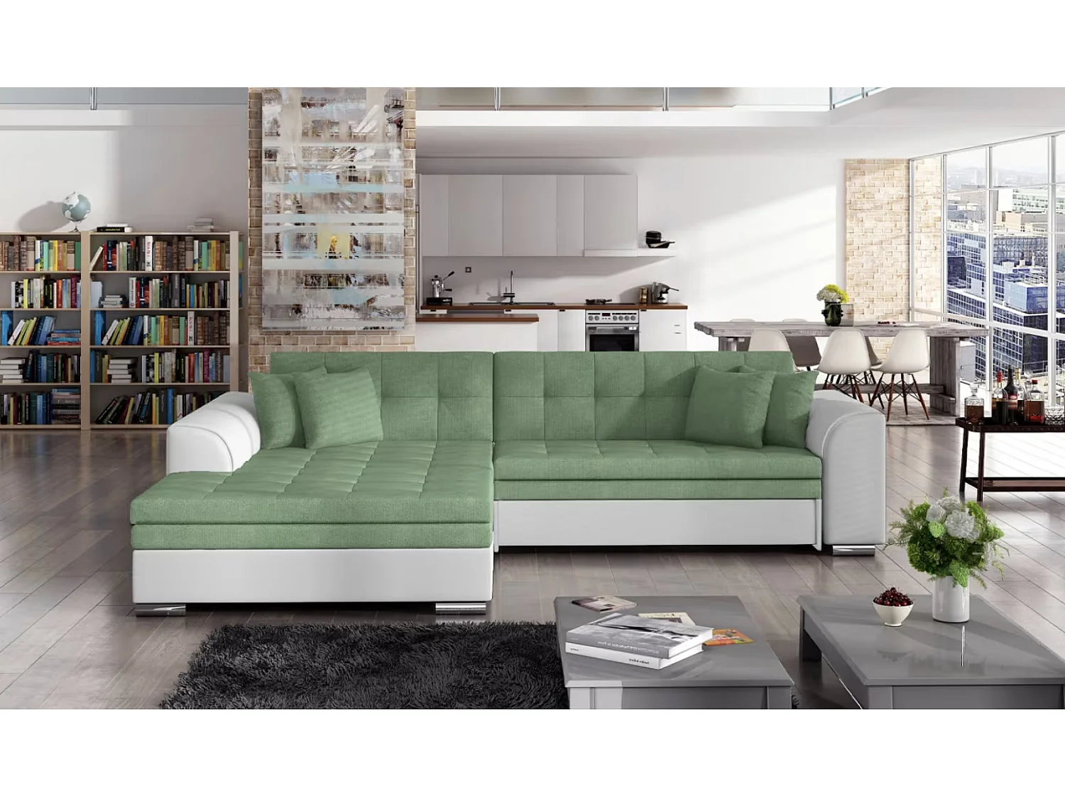 Canapé d'angle convertible tissu et simili LOOKA - Pieds métal chromé-Blanc/Vert clair-angle gauche