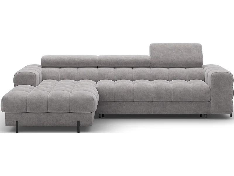 Canapé d’angle convertible velours appuis-tête réglables KATE – Coffre et pieds métal noir-Marron clair-angle gauche