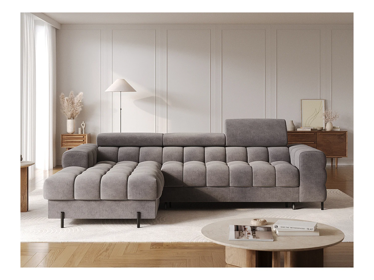 Canapé d’angle convertible velours appuis-tête réglables KATE – Coffre et pieds métal noir-Marron clair-angle gauche