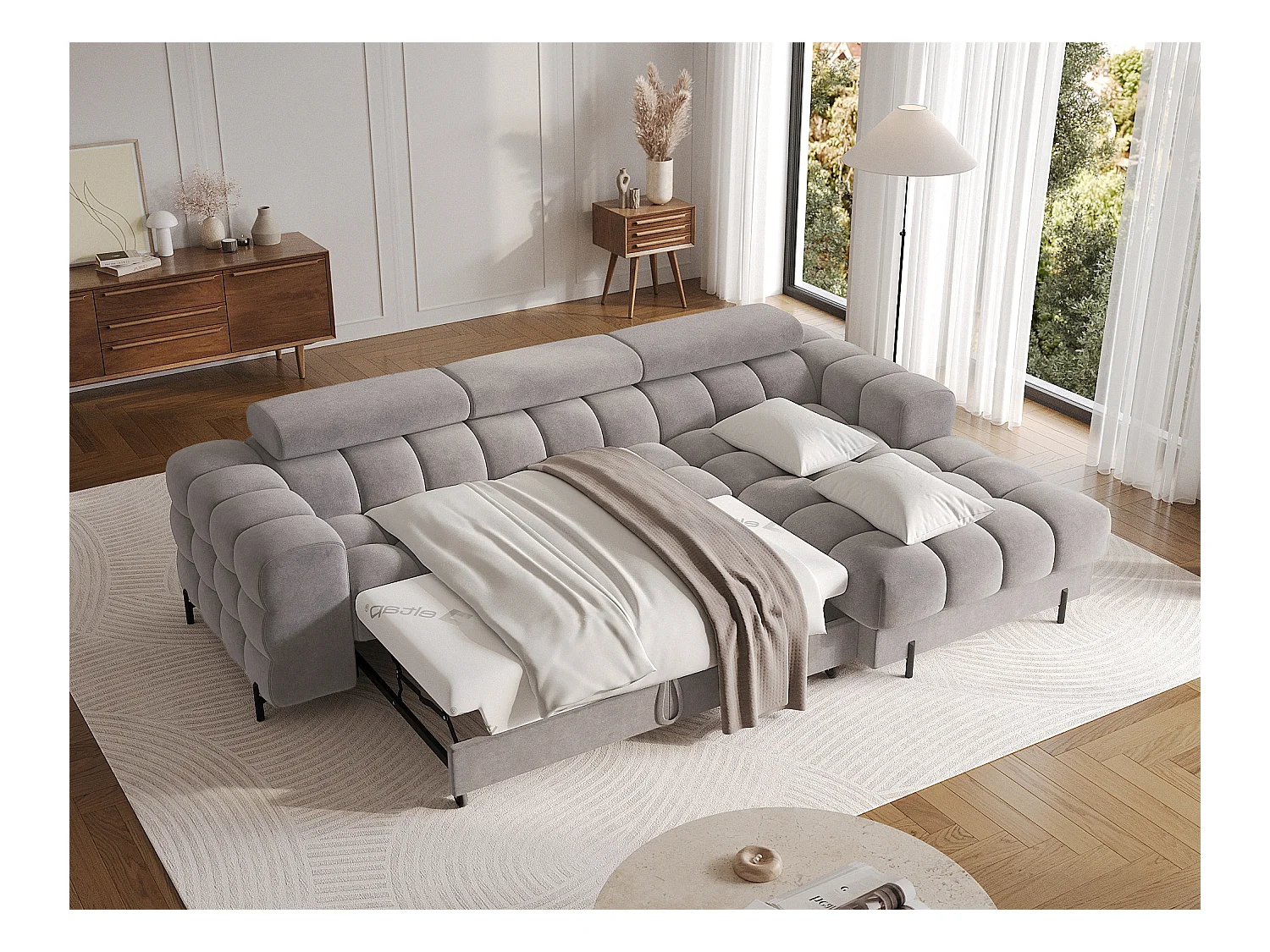 Canapé d’angle convertible velours appuis-tête réglables KATE – Coffre et pieds métal noir-Marron clair-angle gauche