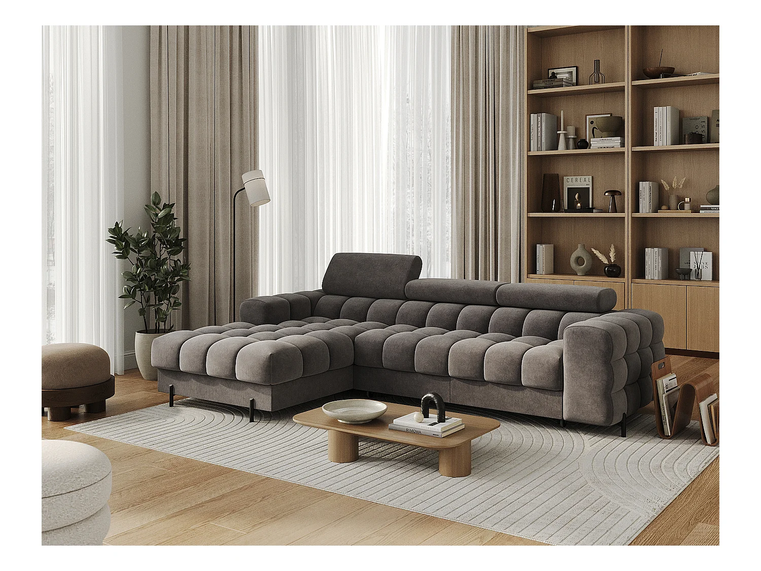 Canapé d’angle convertible velours appuis-tête réglables KATE – Coffre et pieds métal noir-Marron clair-angle gauche