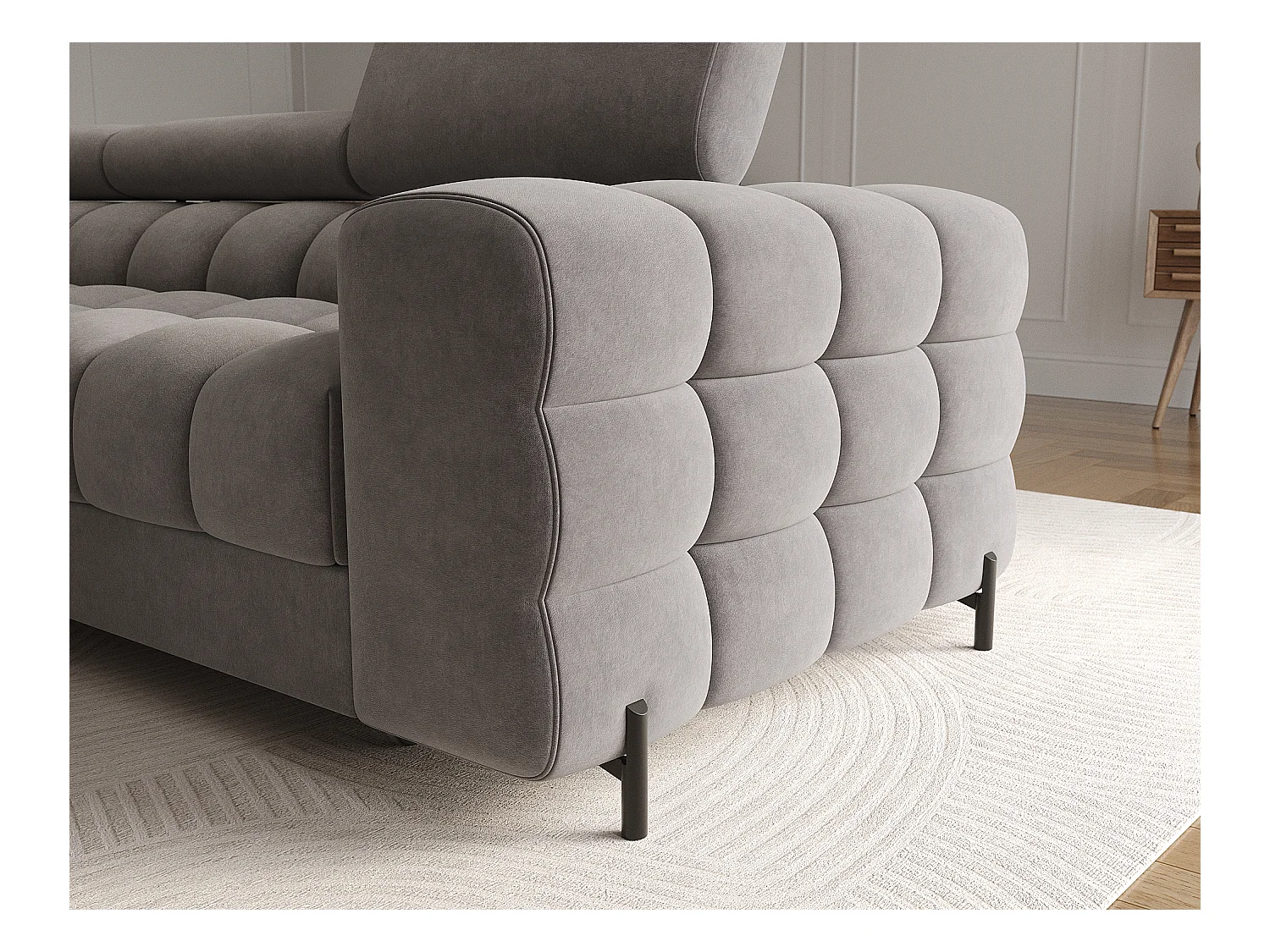 Canapé d’angle convertible velours appuis-tête réglables KATE – Coffre et pieds métal noir-Marron clair-angle gauche