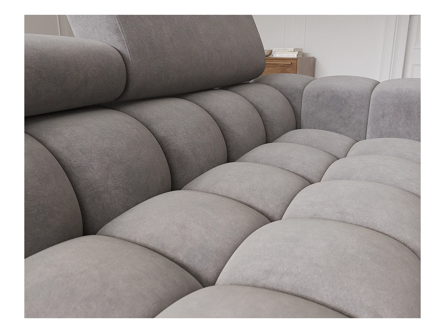 Canapé d’angle convertible velours appuis-tête réglables KATE – Coffre et pieds métal noir-Marron clair-angle gauche