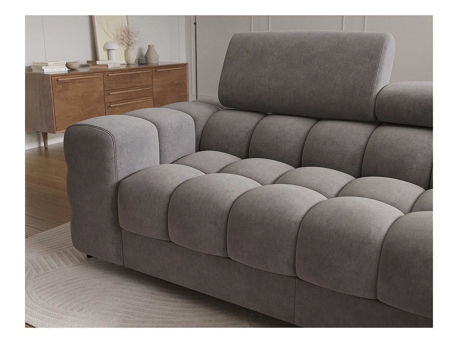 Canapé d’angle convertible velours appuis-tête réglables KATE – Coffre et pieds métal noir-Marron clair-angle gauche