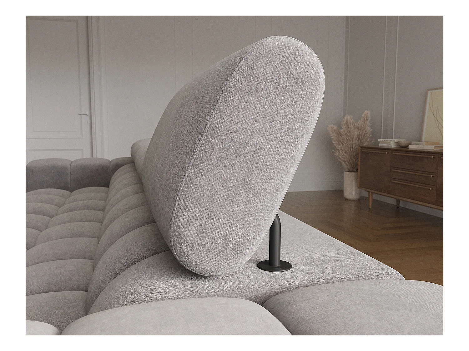 Canapé d’angle convertible velours appuis-tête réglables KATE – Coffre et pieds métal noir-Marron clair-angle gauche