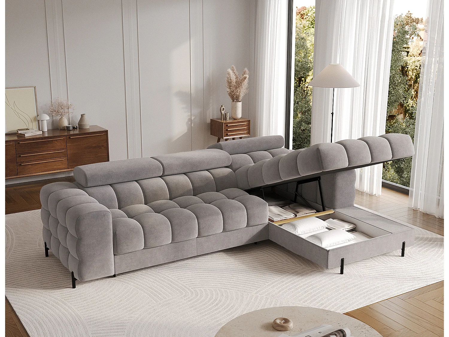 Canapé d’angle convertible velours appuis-tête réglables KATE – Coffre et pieds métal noir-Marron clair-angle gauche