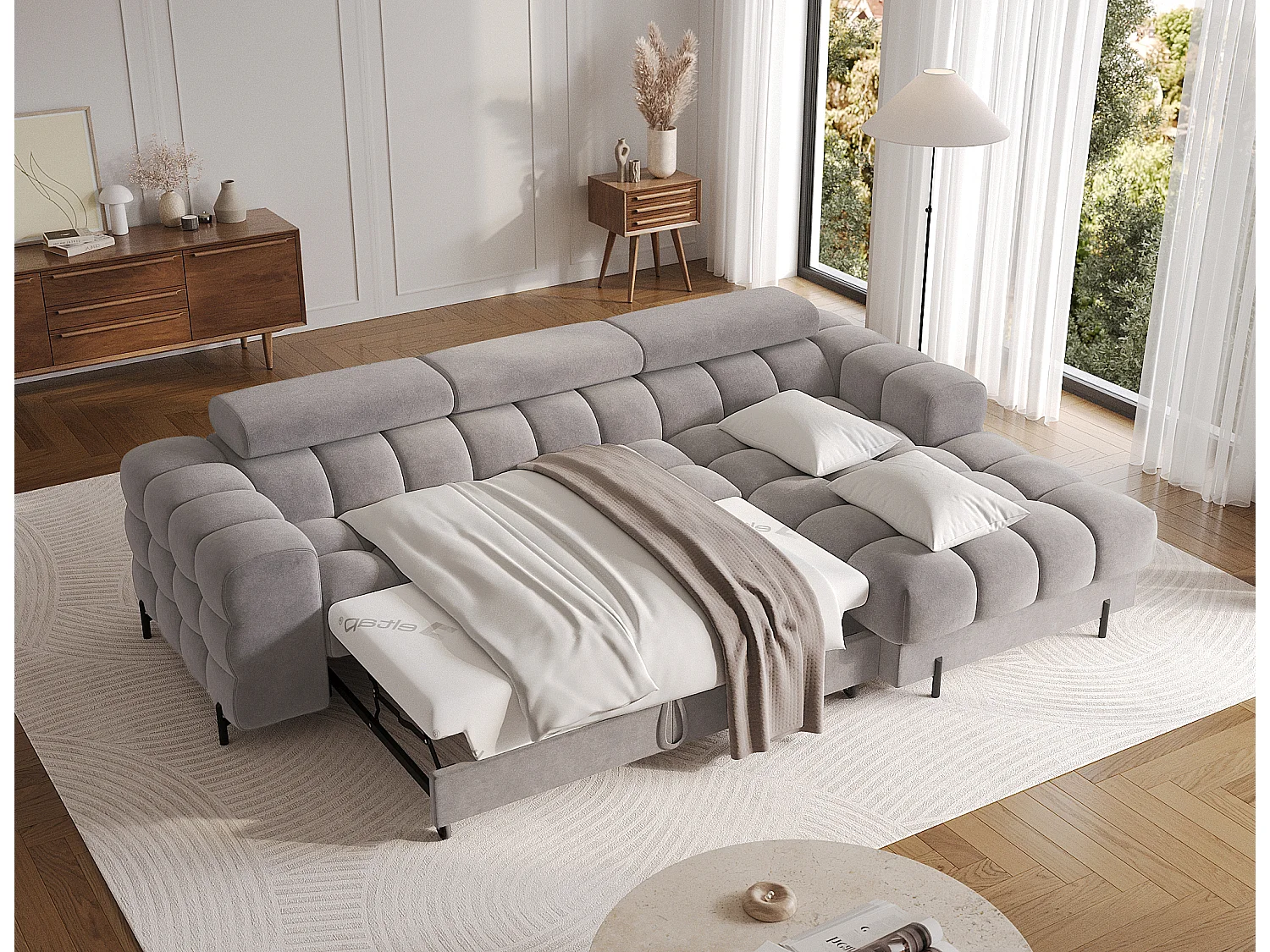 Canapé d’angle convertible velours appuis-tête réglables KATE – Coffre et pieds métal noir-Marron clair-angle gauche