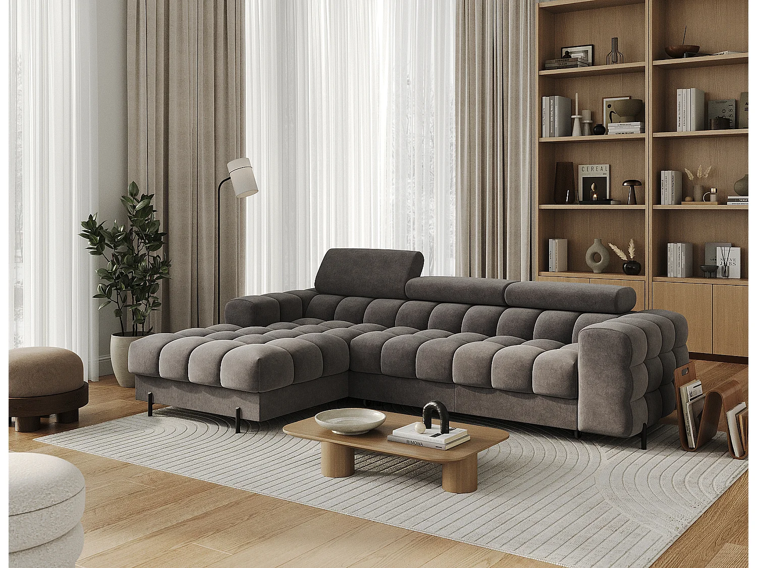 Canapé d’angle convertible velours appuis-tête réglables KATE – Coffre et pieds métal noir-Marron clair-angle gauche