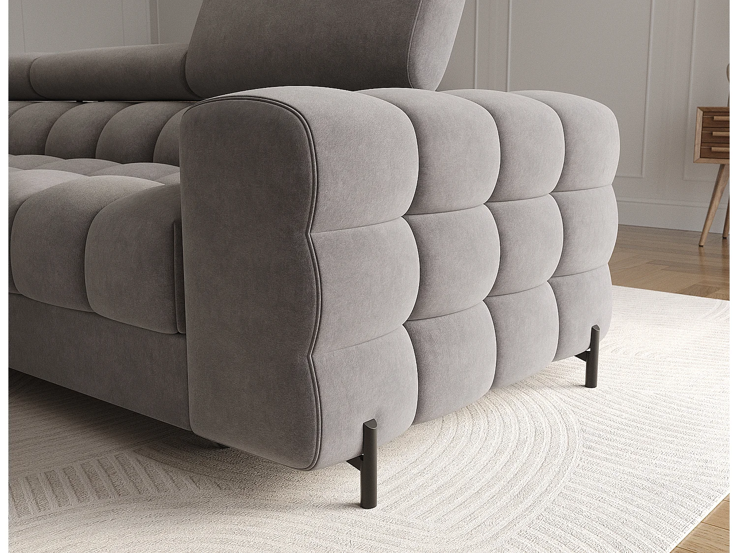 Canapé d’angle convertible velours appuis-tête réglables KATE – Coffre et pieds métal noir-Marron clair-angle gauche