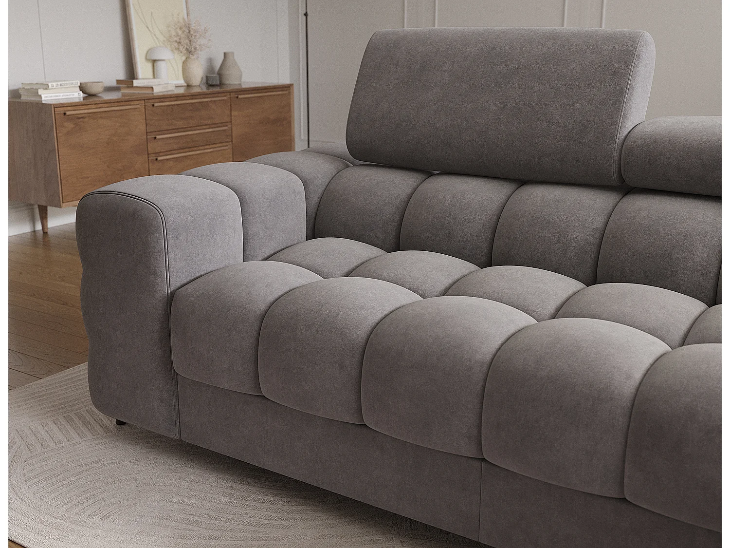 Canapé d’angle convertible velours appuis-tête réglables KATE – Coffre et pieds métal noir-Marron clair-angle gauche