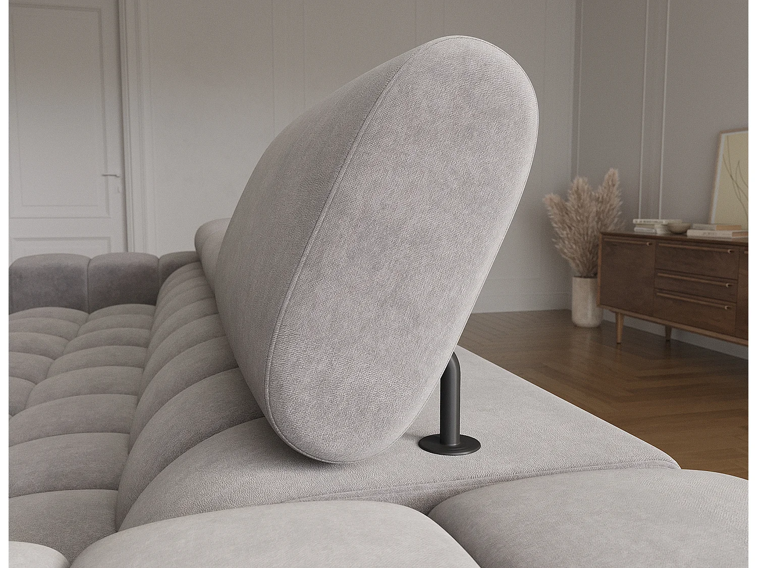 Canapé d’angle convertible velours appuis-tête réglables KATE – Coffre et pieds métal noir-Marron clair-angle gauche