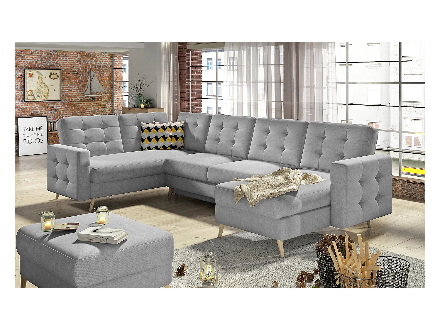 Canapé panoramique convertible ANSKA en tissu - Pieds bois naturel-Gris souris