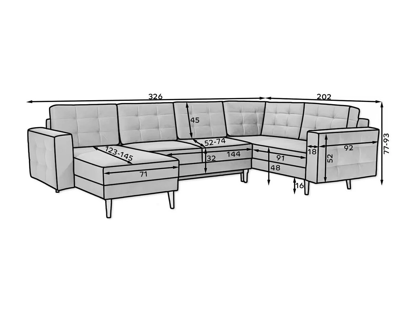 Canapé panoramique convertible ANSKA en tissu - Pieds bois naturel-Gris souris