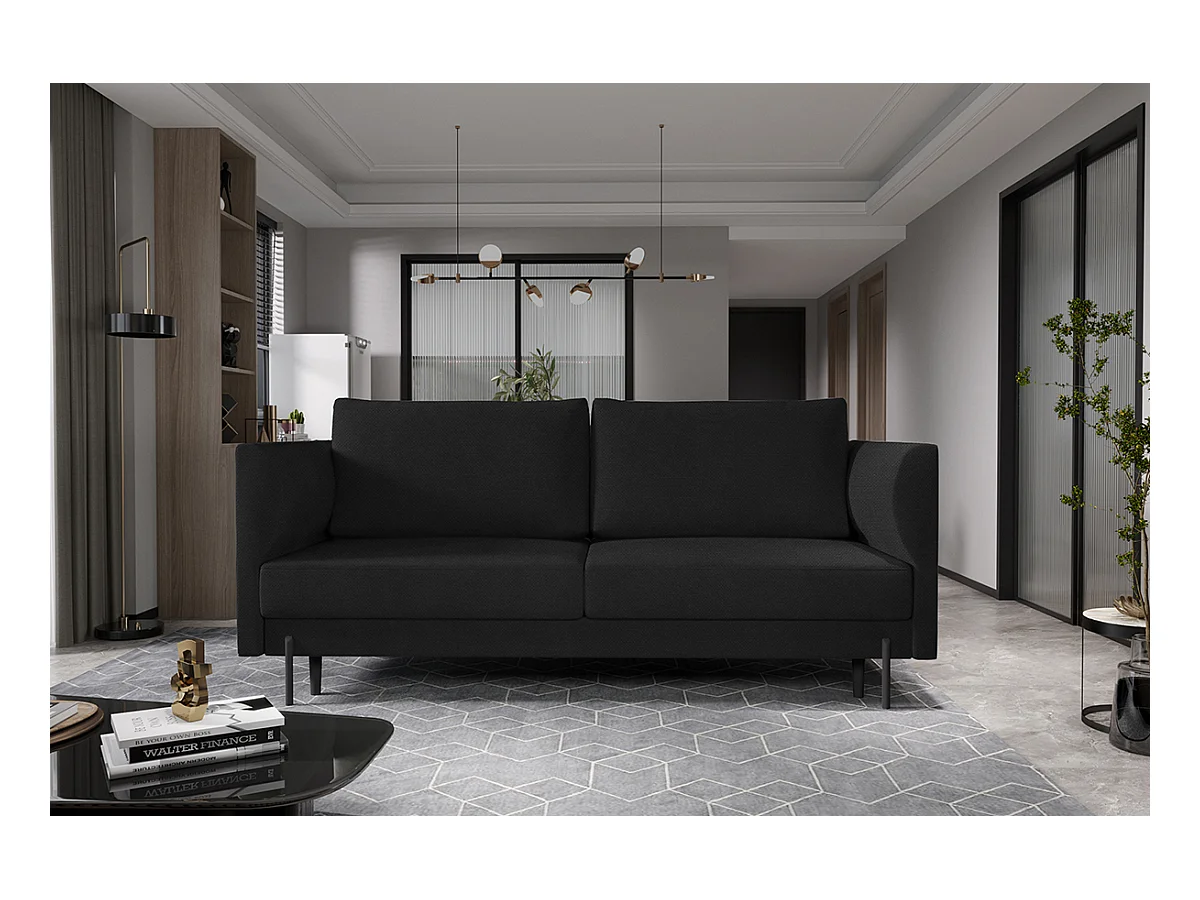 Canapé convertible en tissu ROBBY – Rangement et pieds métal noir-Noir