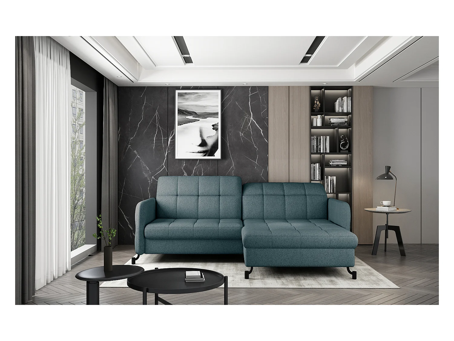 Canapé d'angle convertible tissu avec coffre de rangement LORI-Vert clair-angle droit