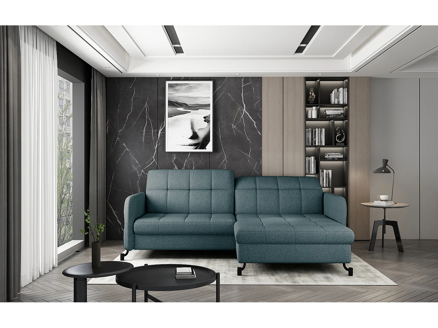 Canapé d'angle convertible tissu avec coffre de rangement LORI-Vert clair-angle droit