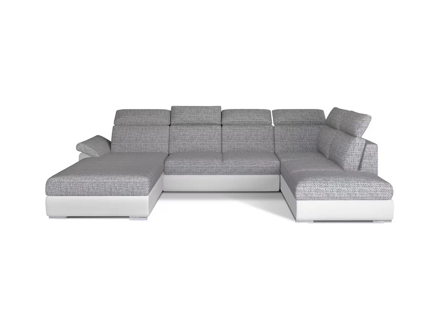 Canapé Convertible Panoramique LEVANO Tissu et Simili Cuir, Têtières-Blanc/Gris clair chiné-Coffre à gauche