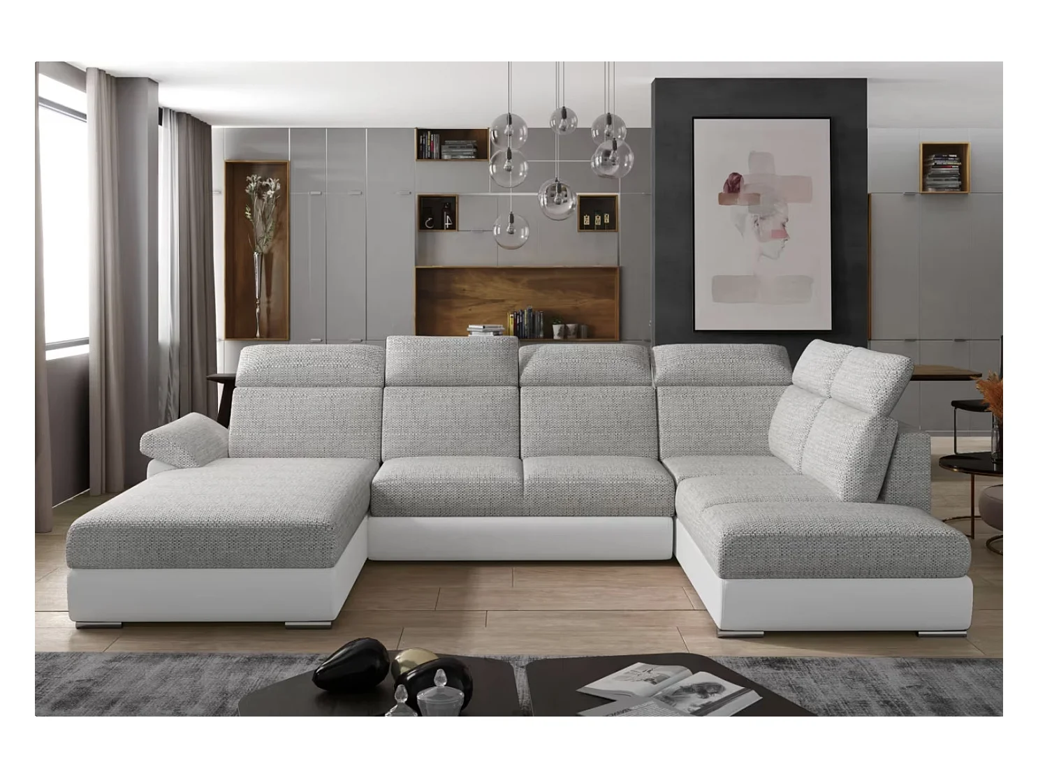 Canapé Convertible Panoramique LEVANO Tissu et Simili Cuir, Têtières-Blanc/Gris clair chiné-Coffre à gauche