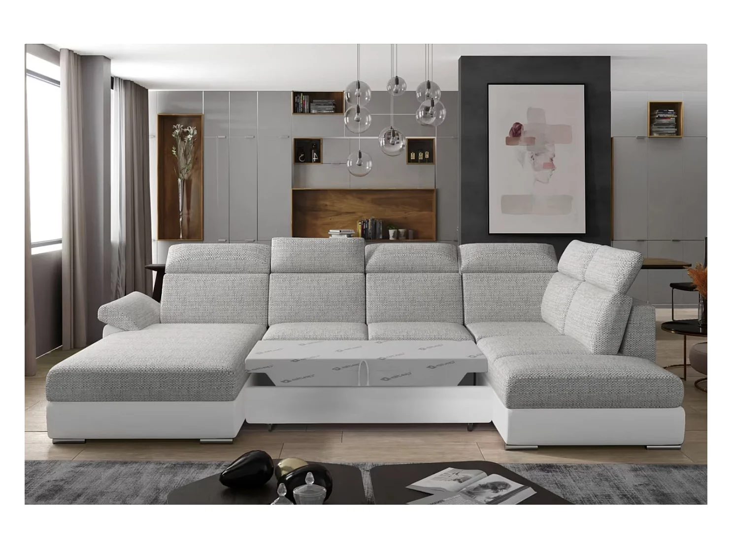 Canapé Convertible Panoramique LEVANO Tissu et Simili Cuir, Têtières-Blanc/Gris clair chiné-Coffre à gauche