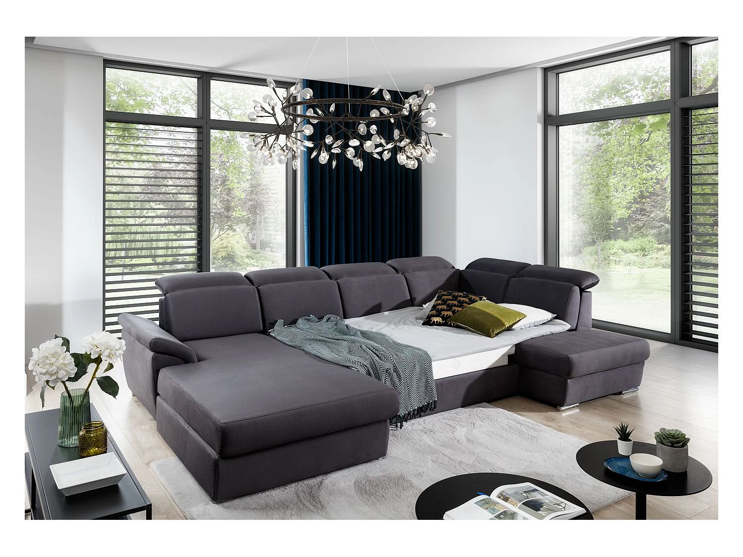 Canapé Convertible Panoramique LEVANO Tissu et Simili Cuir, Têtières-Blanc/Gris clair chiné-Coffre à gauche